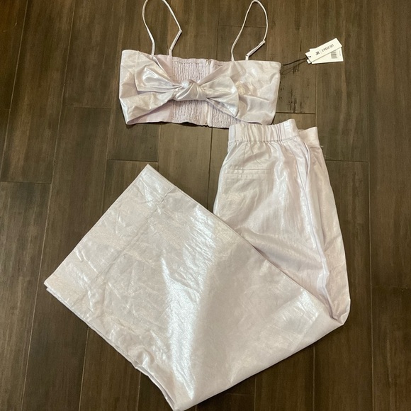 Jason Wu Linen Blend Lavender 2 Piece Wide Leg Pant Bow Crop Top Set Size Large - Picture 1 of 11